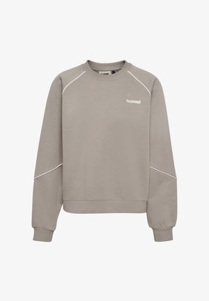 Grijze sweatshirtt gemaakt van zachte stof, met geribbelde manchetten en zoom, witte accentstrepen op de mouwen en een klein logo aan de voorkant.