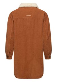 Bruine corduroy jas met een nepbonten kraag, lange mouwen en knoopsluitingen bij de manchetten. Heeft een verticale ribbelstructuur en een logo-detail op de rug.