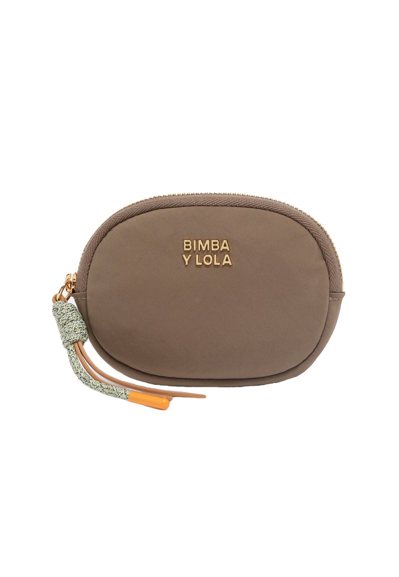 Maža ovali taupe spalvos žandukas su auksiniu "BIMBA Y LOLA" logotipu, užtrauktuko uždarymu ir pintu virvele su apelsino spalvos galiukais.