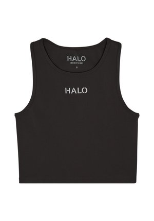 Top court noir sans manches avec encolure ronde et "HALO" imprimé en blanc sur la poitrine. Aucun motif visible ni décoration supplémentaire.