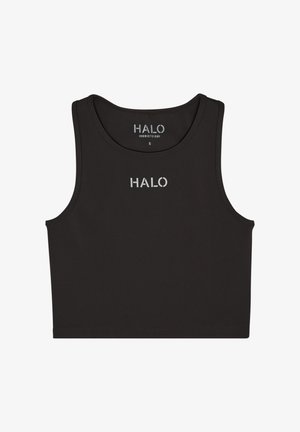Mouwloze zwarte crop top met een ronde hals en "HALO" in wit gedrukt op de borst. Geen zichtbare patronen of extra decoratie.