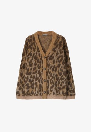Leopard print cardigan in brown and tan hues, featuring a V-neck, button closure, and soft texture. Loose fit with ribbed edges.