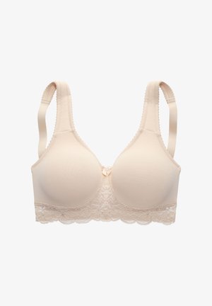 Beige padded bra with lace trim along the bottom, scalloped edges, adjustable straps, and a small bow detail at the center front.