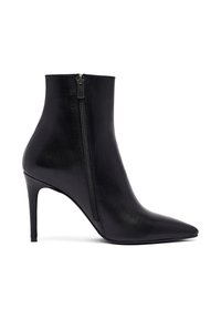 Bottine noire en cuir lisse, avec un bout pointu, un talon aiguille haut et une fermeture éclair sur le côté pour un enfilage facile.