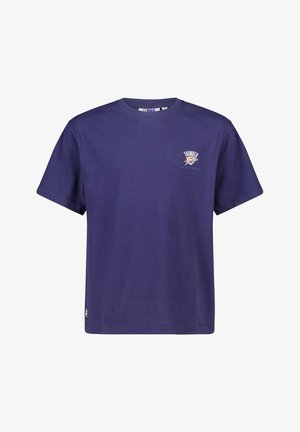 Lila Baumwoll-T-Shirt mit Rundhalsausschnitt und kurzen Ärmeln. Ausgestattet mit dem "Thunder"-Logo in Weiß und blauen Akzenten auf der linken Brust.
