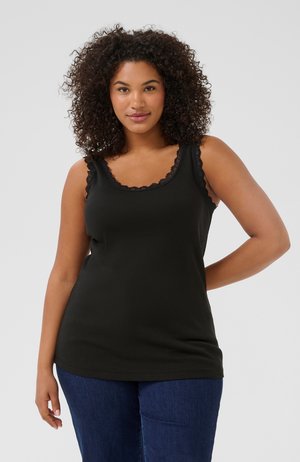 Black sleeveless tank top with a ribbed texture and lace trim on the neckline and straps, paired with blue jeans.