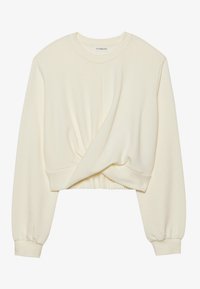 Felpa corta di colore crema con maniche lunghe, design con frontale avvolgente, polsini a coste e tessuto testurizzato. Stile semplice e minimalista.
