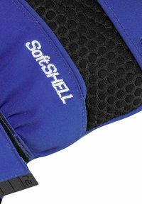 Blue and black glove with honeycomb-textured padding and "SoftSHELL" embroidered in white on the blue fabric section.