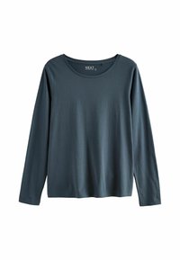 Langarmshirt in een donkere teal kleur, gemaakt van zachte stof. Kenmerkt zich door een ronde halslijn en een relaxte pasvorm zonder zichtbare patronen of accenten.