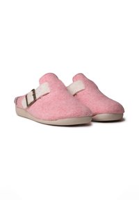 Pink felt clogs with a white strap and buckle, featuring a rounded toe and textured sole for grip. Soft material and simple design.
