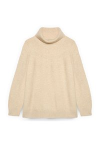 Beżowy sweter z golfem, z prążkowanym kołnierzem, geometrycznym wzorem dzianiny na ramionach oraz długimi rękawami zakończonymi prążkowanymi mankietami i dołem.