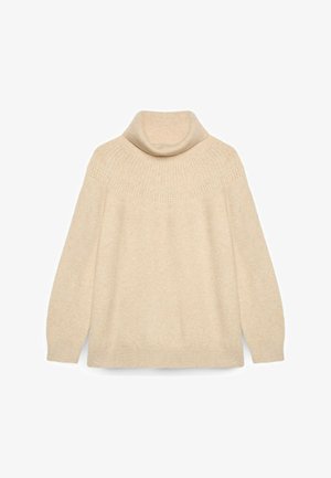 Beige coltrui met een geribde kraag, geometrisch breipatroon op de schouders en lange mouwen met geribde manchetten en zoom.