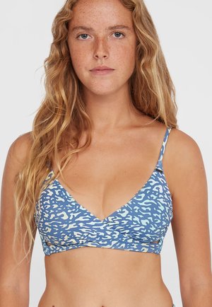 Blue triangular bikini top with a playful light-colored abstract pattern, adjustable straps, and a soft fabric texture.