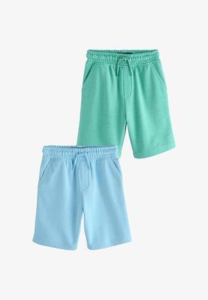 Két pár gumis derekú rövidnadrág húzózsinórral, az egyik világoszöld, a másik világoskék, mindkettő oldalzsebes.