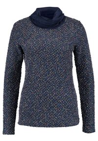 Maglione lungo a maniche lunghe blu navy con superficie strutturata che presenta scaglie di diversi colori e un colletto abbinato. Materiale morbido e lavorato a maglia.