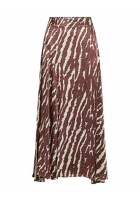 Jupe longue en tissu lisse avec un motif en rayures zèbre maroon et crème, avec une silhouette en A et une taille haute.