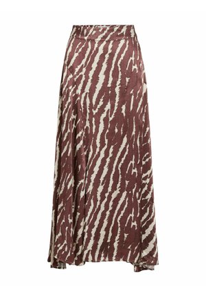 Dolga krila iz gladkega materiala z maroon in kremasto zebrastega vzorca, z A-linijsko silhueto in visokim pasom.