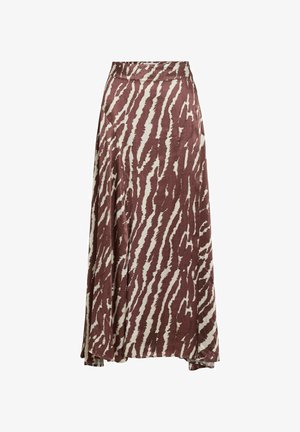 Jupe longue en tissu lisse avec un motif en rayures zèbre maroon et crème, avec une silhouette en A et une taille haute.