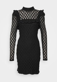 Schwarzes langärmliges Spitzenkleid mit hohem Kragen, Rüschendetails an Brust und Schultern sowie durchsichtigen gemusterten Ärmeln.