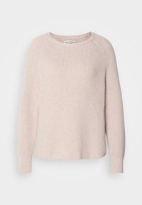Pull en tricot beige clair à manches longues avec col rond et poignets côtelés, présenté sur un fond blanc uni.