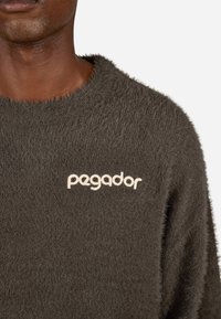 Brązowy, puszysty sweter z okrągłym dekoltem i jasnym logo "pegador" po lewej stronie klatki piersiowej. Miękka tekstura i luźny krój.
