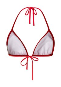 Bílý trojúhelníkový vršek bikin s červeným lemováním a zavazováním na krku a zádech na čistě bílém pozadí.
