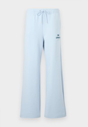 Light blue sweatpants with a relaxed fit, drawstring waist, and "nike athletics" logo in a darker blue on the front leg. Soft fabric texture.