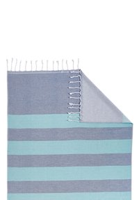 Blaue und aqua gestreifte Anleitung mit Fransen. Hergestellt aus strukturiertem Stoff, der abwechselnd breite und schmale Streifen zeigt.