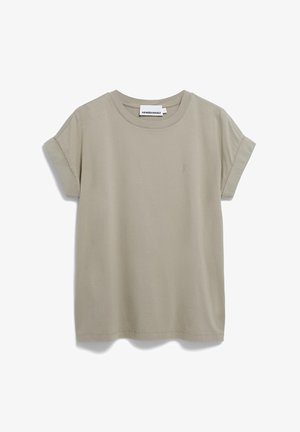 Kurzarm-T-Shirt mit Rundhalsausschnitt aus hellbeigem Baumwollstoff. Verfügt über umgeschlagene Ärmel und ein kleines Logo-Detail auf der linken Vorderseite.