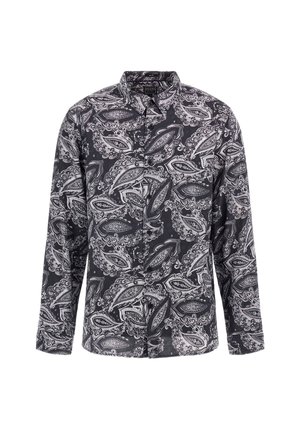 Langarmhemd in zwart-witte paisleypatroon, gemaakt van lichte stof met een klassieke kraag en een knoopsluiting aan de voorkant.