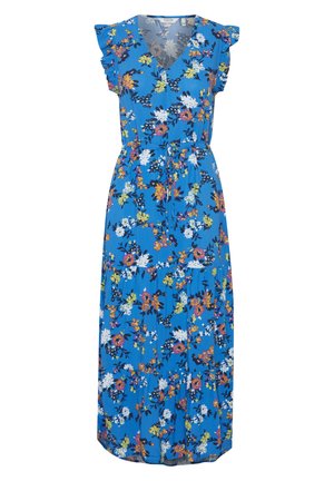 Žydra gėlėta maksi suknelė, turinti V formos kaklą, banguotas pečių linijas ir juosmens raištį. Dizainas apima spalvingas gėles ir žalias detales.