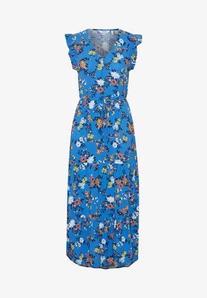 Blomstret maxikjole i blå stof med V-hals, volanger ved skuldrene og bindebånd i taljen. Designet inkluderer farverige blomster og grønne detaljer.