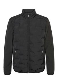 Svart lett jakke med vattert front, ståkrage, lange ermer, glidelås foran og glidelåslommer på sidene.