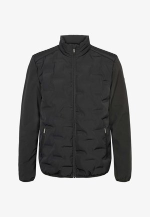 Schwarze, leichte Jacke mit gesteppter Vorderseite, Stehkragen, langen Ärmeln, Frontreißverschluss und seitlichen Reißverschlusstaschen.