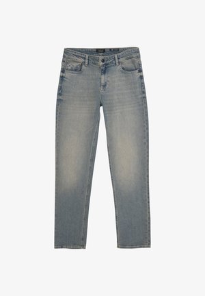 Hellblaue Jeans aus Denim mit geradem Schnitt, fünf Taschen und dezentem Verblassen. Merkmale sind ein Metallknopfverschluss und Gürtelschlaufen.