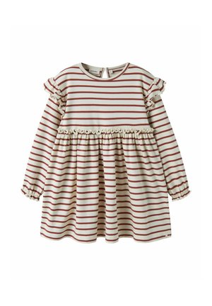 Cream and rust striped long-sleeve toddler dress with ruffles on shoulders, waist, and cuffs, featuring a round neckline and a back button closure.