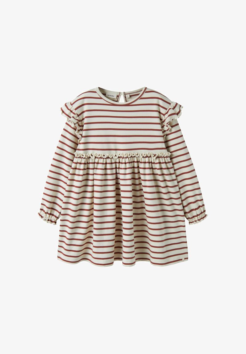 Robe longue à manches longues pour tout-petit rayée crème et rouille avec volants aux épaules, à la taille et aux poignets, col rond et fermeture par bouton au dos.
