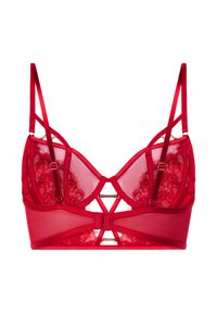 Rød blonder- og mesh-bh med et geometrisk udskæringsdesign, justerbare stropper og guldfarvede detaljer for en sikker pasform.