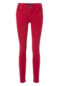 Rode corduroy skinny jeans met een knoopsluiting, vijf zakken en een gladde textuur met fijne ribbels overal.