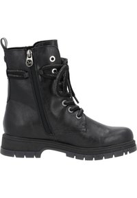 Bottine noire en cuir synthétique texturé, avec des lacets, une fermeture éclair sur le côté et une semelle en caoutchouc robuste avec un profil de bande de roulement multidirectionnel.