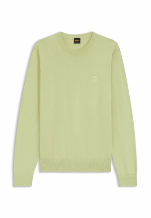 Hellgrüner Pullover mit langen Ärmeln und Rundhalsausschnitt, mit gerippten Bündchen und Saum, der ein kleines, geprägtes Quadratlogo auf der linken Brust zeigt.