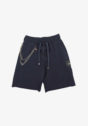 Pantaloni corti blu navy realizzati in tessuto misto cotone, con vita elastica, tasche laterali e un dettaglio in catena argentata sul davanti.