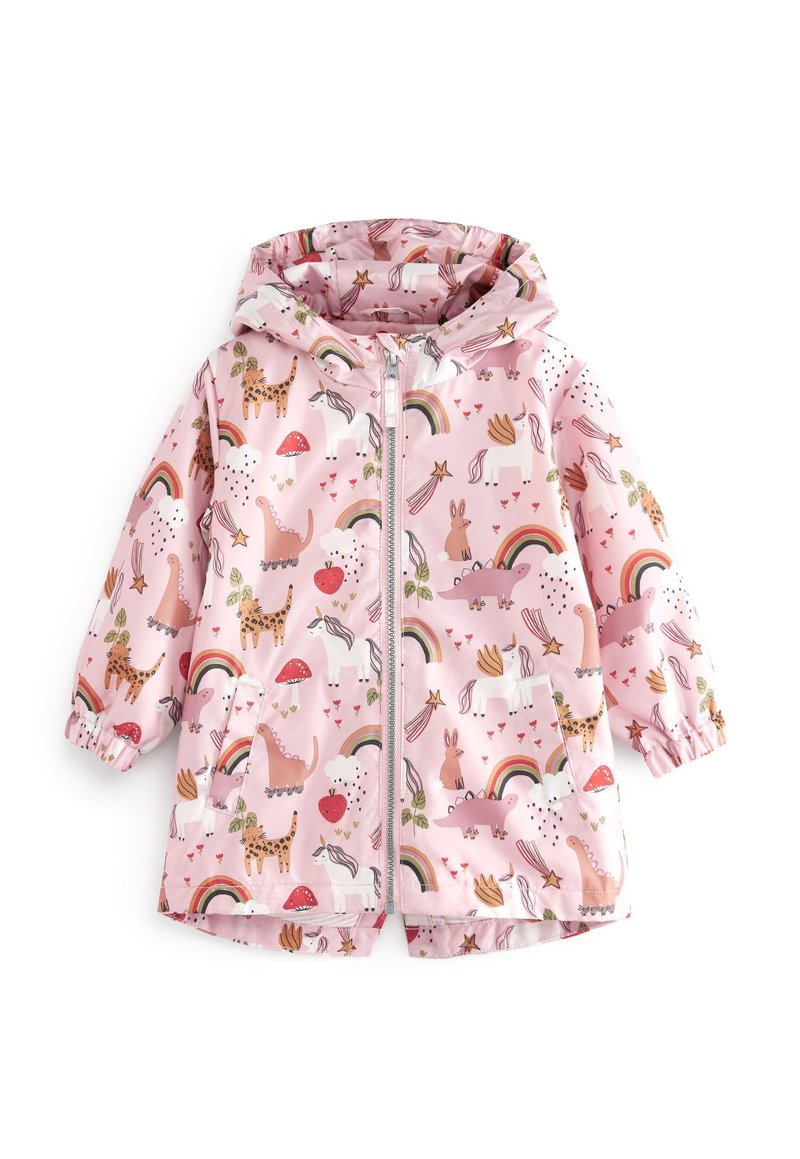 Rosa vattentät jacka med huva, med ett fantasifullt mönster av djur, regnbågar och hjärtan; elastiska ärmslut; frontdragkedja; och fickor.