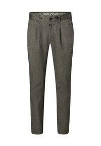 Dunkelgraue gemusterte Hosen mit slim Fit, ausgestattet mit einem Knopfverschluss vorne und Gürtelschlaufen. Hergestellt aus strukturiertem Stoff.