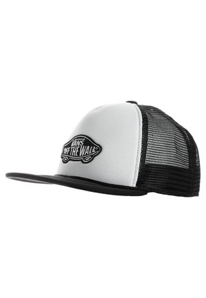 Casquette trucker Vans noire et blanche avec dos en mesh et patch logo "Vans Off The Wall" sur le panneau avant.