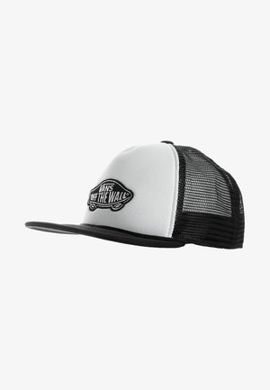 Casquette trucker Vans noire et blanche avec dos en mesh et patch logo "Vans Off The Wall" sur le panneau avant.