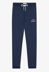 Marineblå bomullssweatpants med elastisk midjebånd, justerbar snor og hvit "S. CENTRAL ATHLETICS" tekst. Rett ben-design med mansjetter.