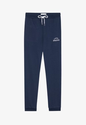 Námornícke bavlnené tepláky s elastickým pásom, nastaviteľnou šnúrkou a bielym textom "S. CENTRAL ATHLETICS". Priame nohavice s manžetami.