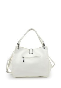 White textured handbag with dual handles, a zippered front pocket, and contrasting black accents. Features a spacious interior.