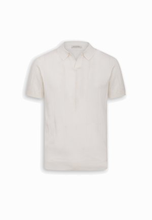 Polo a maniche corte di colore avorio con colletto classico e patta con bottoni, mostrato su uno sfondo bianco.